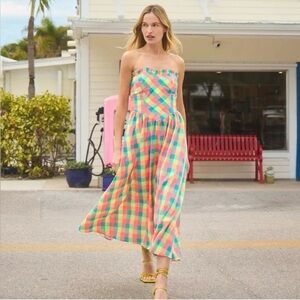 HUNTER BELL Strapless Plaid Maxi Dress in Bright Multi